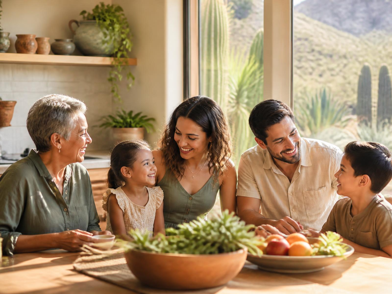 Three generations of a family talking together at a sunlit kitchen table